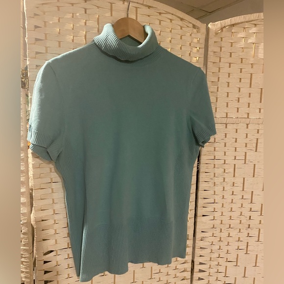 liz & co. Teal/Blue Turtle Neck Short Sleeve Shirt Size L - Picture 2 of 7
